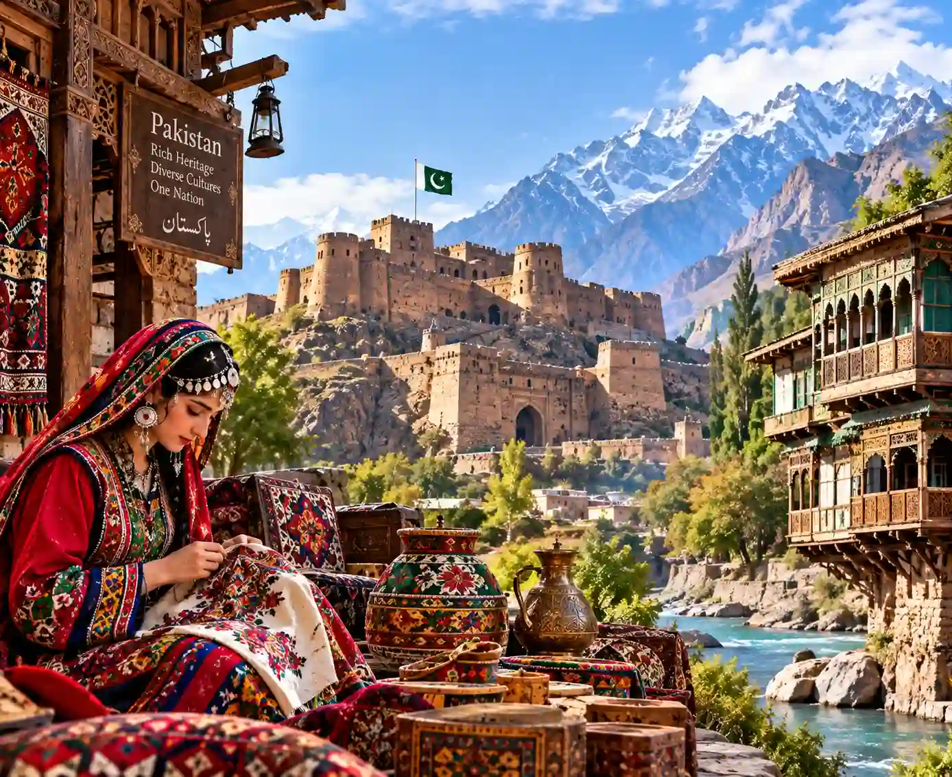 Traditional clothing and craftwork associated with Pakistan's cultural heritage